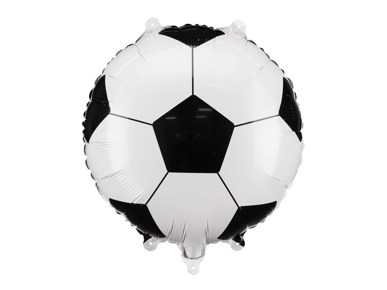 May include: A black and white soccer ball-shaped balloon. The balloon is inflated and features the classic pentagonal and hexagonal panel design of a soccer ball. It is a festive decoration for sports-themed parties.