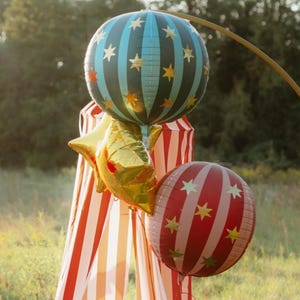 May include: A cluster of festive balloons in a grassy outdoor setting. The balloons include a large blue and black striped sphere with gold stars, a gold star-shaped balloon, and a red and white striped sphere with gold stars.