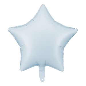 Light blue star-shaped foil balloon, perfect for birthday party decorations, baby shower decor, or gender reveal celebrations.