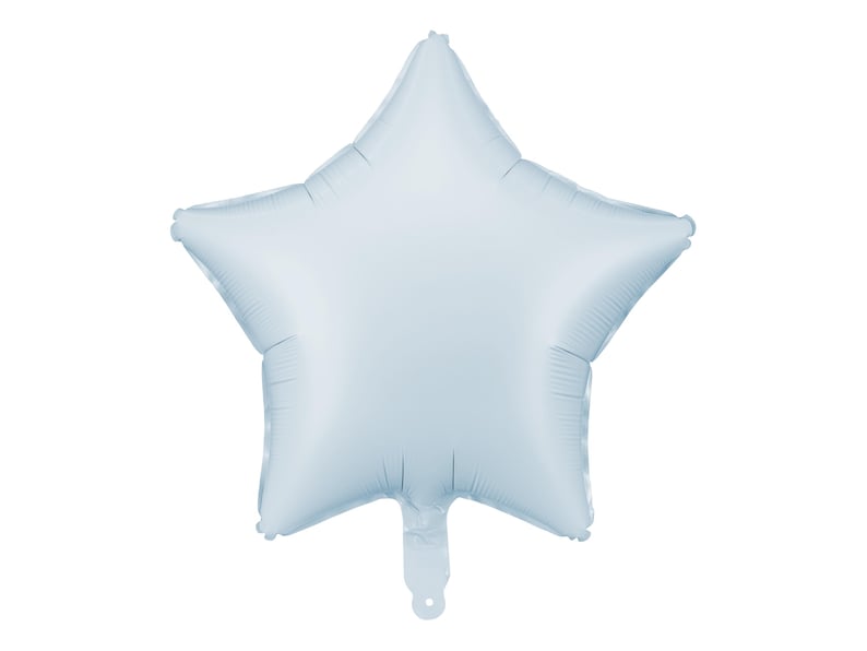 Light blue star-shaped foil balloon, perfect for birthday party decorations, baby shower decor, or gender reveal celebrations.
