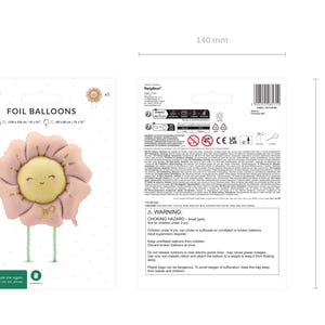 Front and back packaging of a foil flower balloon by PartyDeco, showing a smiling pink and yellow floral design with green legs; dimensions of the packaging are 140 mm x 200 mm, and balloon size is approximately 104 x 104 cm (41 x 41") and 80 x 80 cm (31 x 31")