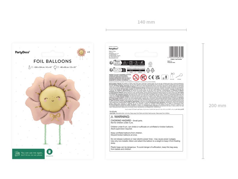 Front and back packaging of a foil flower balloon by PartyDeco, showing a smiling pink and yellow floral design with green legs; dimensions of the packaging are 140 mm x 200 mm, and balloon size is approximately 104 x 104 cm (41 x 41") and 80 x 80 cm (31 x 31")