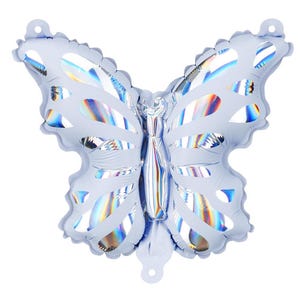 May include: A light blue iridescent foil butterfly balloon. The balloon is shaped like a butterfly with wings and an antenna.