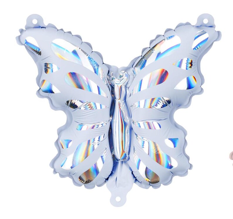 May include: A light blue iridescent foil butterfly balloon. The balloon is shaped like a butterfly with wings and an antenna.