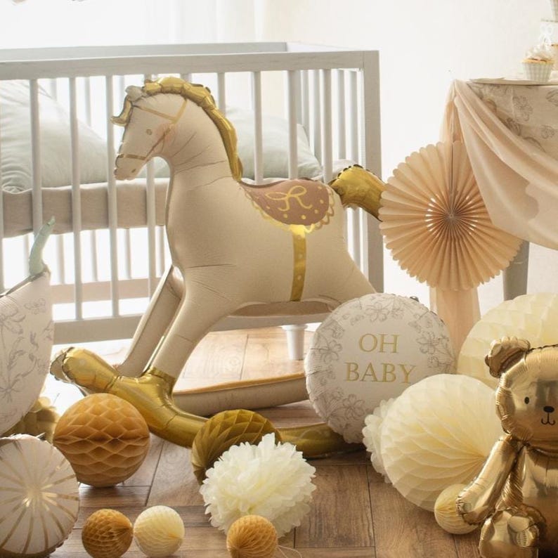 Gold & Cream Large Rocking Horse Foil Balloon – Baby Shower Decor (106 x 86 cm) image 9