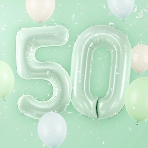 Pu&ograve; includere: Due grandi palloncini di alluminio di colore verde chiaro a forma dei numeri 50. I palloncini sono circondati da palloncini pi&ugrave; piccoli di colore bianco e blu chiaro e coriandoli su uno sfondo verde chiaro.