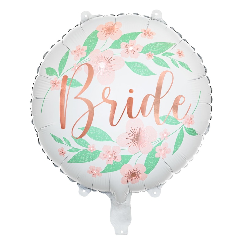 Round foil balloon with 'Bride' text in rose gold, floral design with pink flowers and green leaves – perfect for bridal shower or bachelorette party decoration.