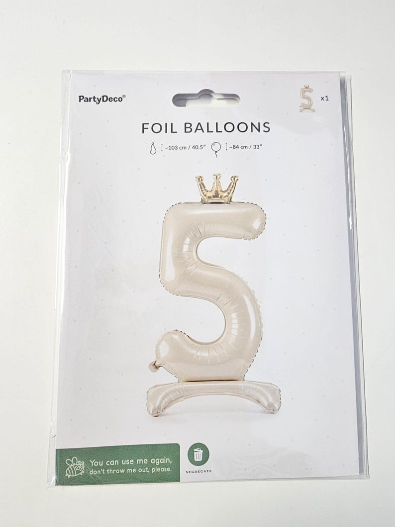 May include: A white foil balloon shaped like the number 5 with a gold crown on top. The balloon is 40.5 inches tall and 33 inches wide. The packaging says "FOIL BALLOONS" and "You can use me again, don't throw me out, please."
