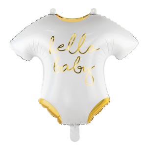 Hello Baby bodysuit shaped foil balloon in white with metallic gold details, approx. 20 x 18 inches