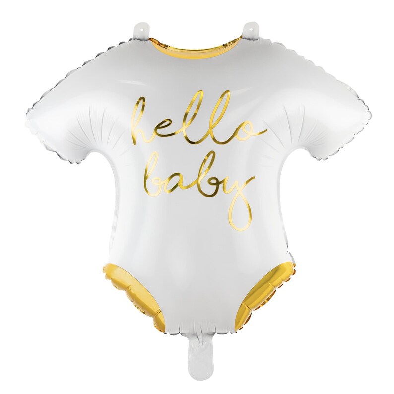 Hello Baby bodysuit shaped foil balloon in white with metallic gold details, approx. 20 x 18 inches