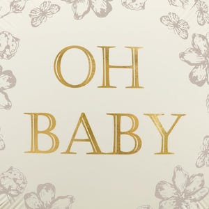 Puede incluir: Un globo color crema con letras doradas que dicen &laquo;OH BABY&raquo;. El globo est&aacute; decorado con ilustraciones florales y de mariposas en un color gris apagado, creando un dise&ntilde;o suave y elegante.