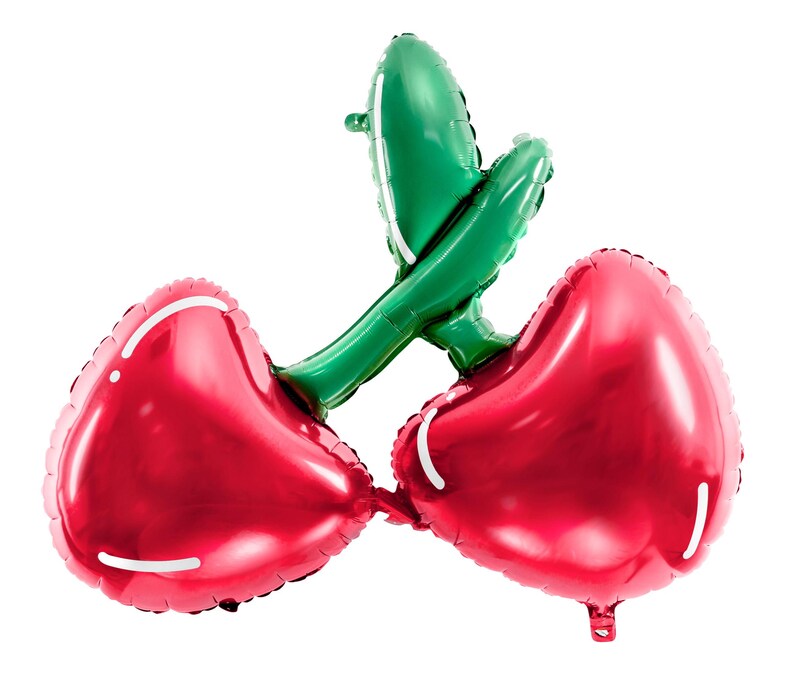 A foil balloon shaped like two glossy red cherries with green stems, joined together as a single piece. The cherries have a shiny surface. Set against a white background.