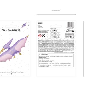 May include: Purple and pink foil balloon shaped like a pterodactyl. The balloon is 42 inches tall and 33 inches wide. The packaging includes the text "Foil Balloons" and "PartyDeco".