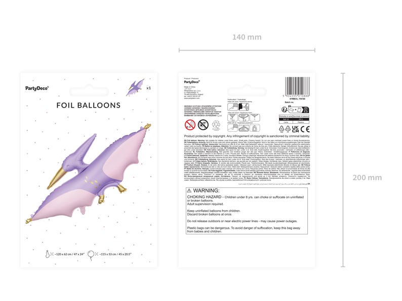 May include: Purple and pink foil balloon shaped like a pterodactyl. The balloon is 42 inches tall and 33 inches wide. The packaging includes the text "Foil Balloons" and "PartyDeco".