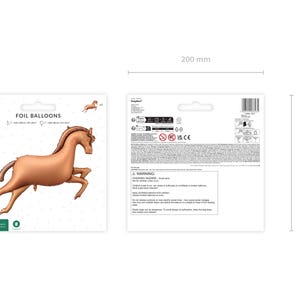 Galloping horse foil balloon packaging, approx. 230 x 97 cm before inflation and 190 x 81 cm after inflation