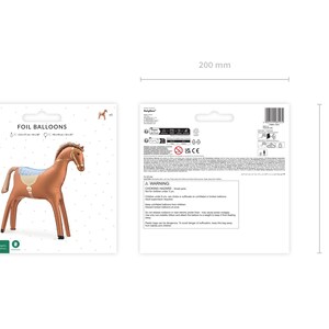 Brown horse foil balloon packaging with size guide, inflated dimensions approximately 35.4 × 35.4 inches - 90 cm × 90 cm, suitable for air or helium inflation