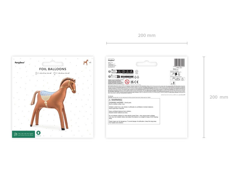Brown horse foil balloon packaging with size guide, inflated dimensions approximately 35.4 × 35.4 inches - 90 cm × 90 cm, suitable for air or helium inflation