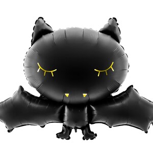 Black bat-shaped foil balloon with cute sleeping eyes and fangs – perfect for Halloween party decorations, spooky birthday themes, or gothic baby showers