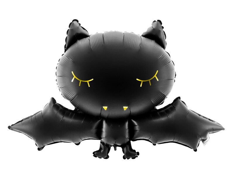 Black bat-shaped foil balloon with cute sleeping eyes and fangs – perfect for Halloween party decorations, spooky birthday themes, or gothic baby showers