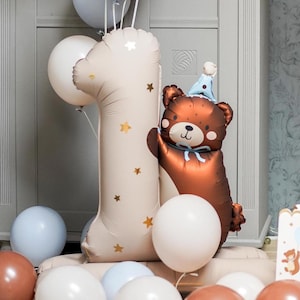 Number 1 Balloons 81x72 cm, Foil Stand Balloon for First Baby Birthday, Big Balloon One with Bear for Birthday, Teddy Bear Birthday Balloons