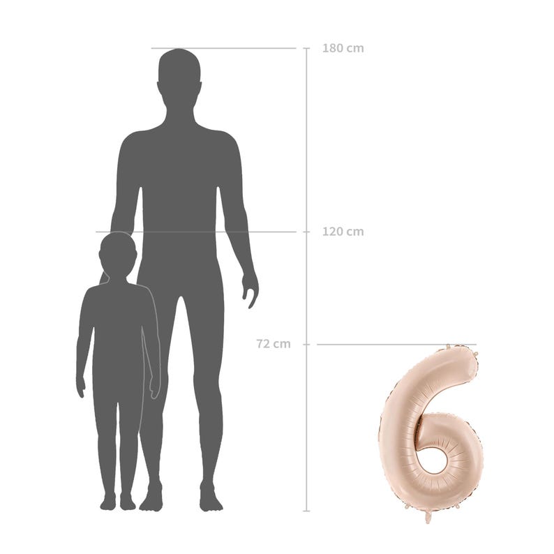 Large beige number 6 balloon shown with adult silhouette for size reference, neutral birthday and anniversary decor