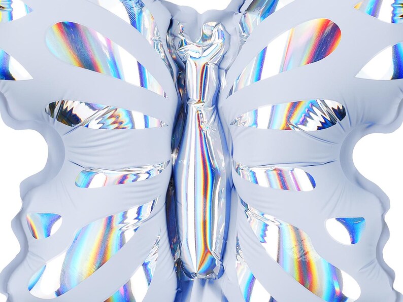 May include: A light blue iridescent foil butterfly balloon. The balloon has a holographic finish and is shaped like a butterfly with wings and a body.