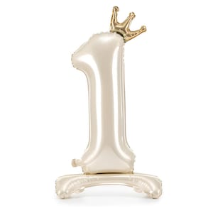 Shiny cream foil balloon shaped like the number one with a small gold crown on top, standing upright on a white background.
