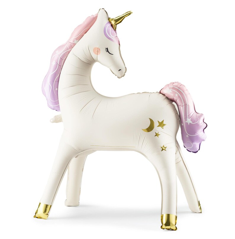 Pastel unicorn balloon – inflatable unicorn party decoration with gold horn and hooves, pink and purple mane, moon and star accents – magical birthday or baby shower decor