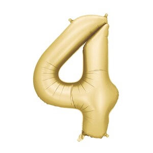 May include: A gold foil balloon shaped like the number four. The balloon is inflated and ready to be used for a party or celebration.