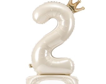 Number 2 Foil Balloon, Beige Birthday Balloons with Gold Crown, Second Birthday Party Decor
