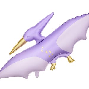 May include: Purple and gold inflatable dinosaur balloon shaped like a pterodactyl with a long beak and wings.