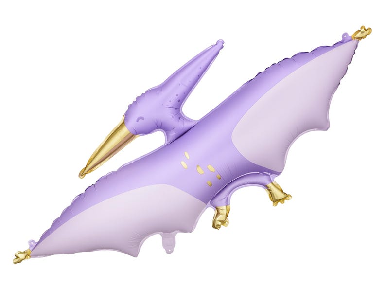 May include: Purple and gold inflatable dinosaur balloon shaped like a pterodactyl with a long beak and wings.