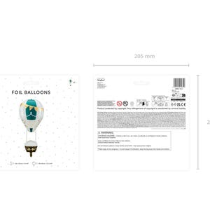 4D hot air balloon foil balloon in retail packaging – front and back view with packaging size 205 x 200 mm, balloon size approx. 48 × 180 cm / 40 × 46 cm, ideal for baby shower, birthday or nursery decor