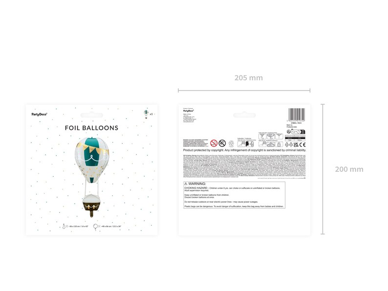 4D hot air balloon foil balloon in retail packaging – front and back view with packaging size 205 x 200 mm, balloon size approx. 48 × 180 cm / 40 × 46 cm, ideal for baby shower, birthday or nursery decor