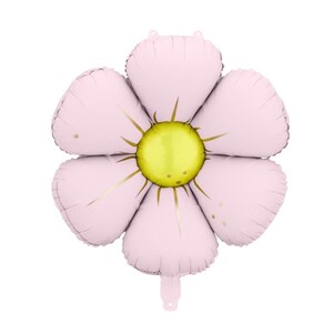 May include: A light pink flower-shaped balloon with a yellow center and gold accents. The balloon has five petals and a small tail at the bottom. This decorative balloon is perfect for a party or celebration.