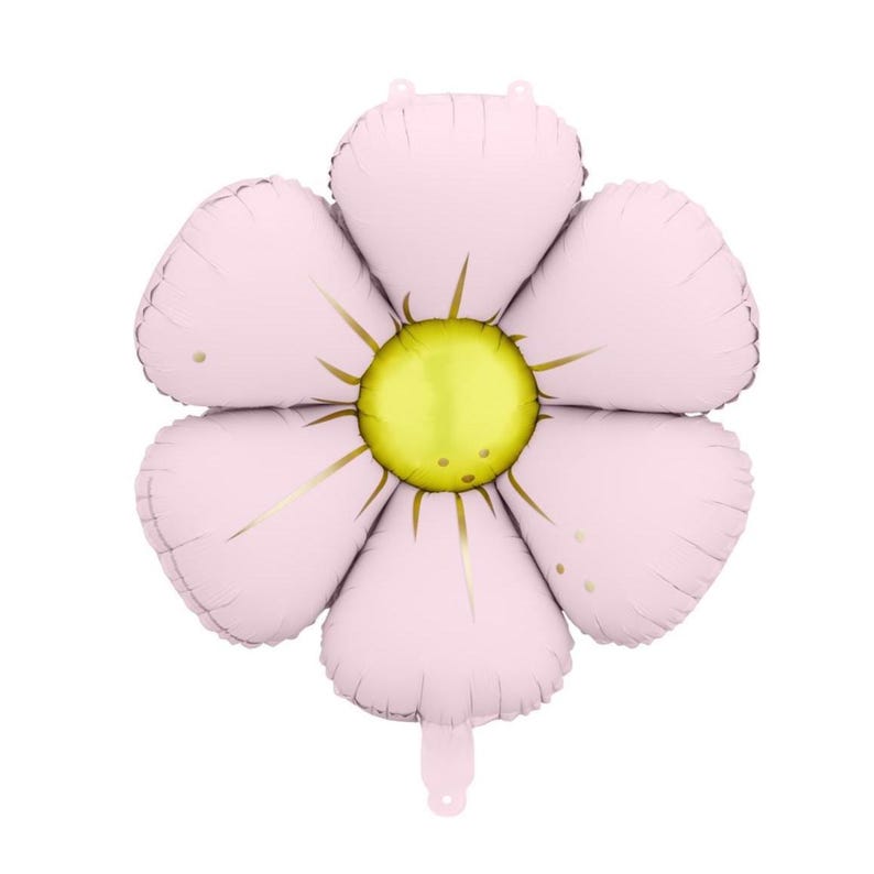 May include: A light pink flower-shaped balloon with a yellow center and gold accents. The balloon has five petals and a small tail at the bottom. This decorative balloon is perfect for a party or celebration.