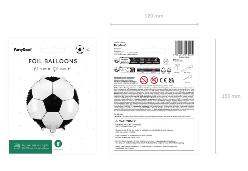 Soccer Ball Foil Balloon – 14 inch (35 cm) after inflation, before inflation 18 inch (45 cm) – PartyDecor brand – Black and White Football Mylar Balloon – Birthday Party Decoration – Eco-Friendly Packaging – Pack Size 120 mm x 155 mm – Helium or Air Fill – Includes Straw – Perfect for Kids Sports Party Theme