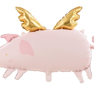 Pink flying pig foil balloon with metallic gold wings and curly tail, approx. 28.5 x 18 inches inflated