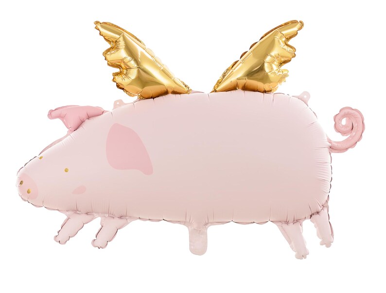Pink flying pig foil balloon with metallic gold wings and curly tail, approx. 28.5 x 18 inches inflated