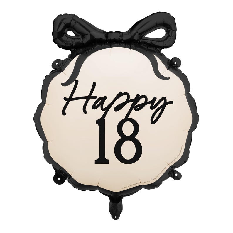 May include: Black and white happy 18th birthday balloon with a black bow. The balloon is shaped like a circle with a scalloped edge.