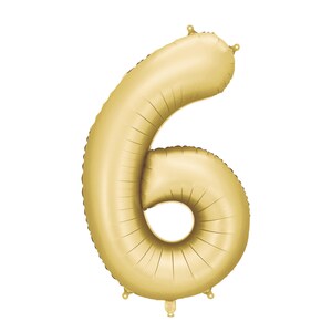 May include: Gold foil balloon shaped like the number six. The balloon is inflated and ready to be used for a party or celebration.