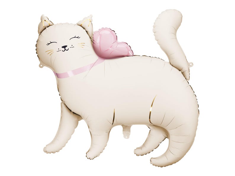 Cream-colored foil balloon shaped like a smiling cat with golden whiskers, pink ribbon around its neck, and a pink heart-shaped balloon on its back. The cat is standing with its tail curled upward, appearing cheerful and playful.