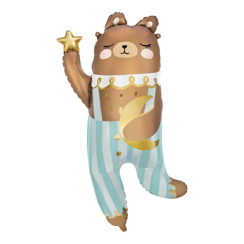 Brown teddy bear foil balloon wearing blue striped pajamas and holding a gold star and moon, approx. 35.5 in tall inflated
