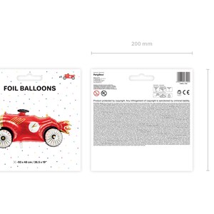 May include: Red foil balloon shaped like a vintage race car with a lightning bolt design. The balloon is 26.5 inches by 19 inches.