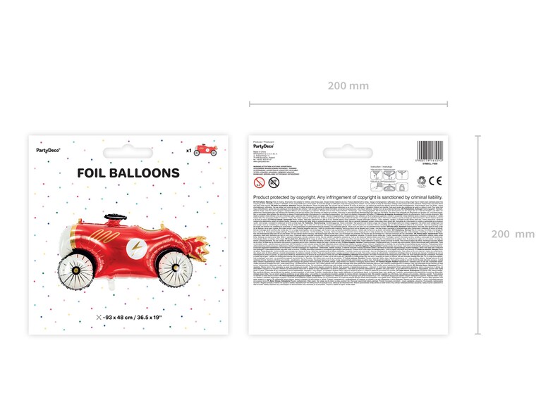 May include: Red foil balloon shaped like a vintage race car with a lightning bolt design. The balloon is 26.5 inches by 19 inches.