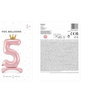 May include: Pink foil balloon shaped like the number 5 with a gold crown on top. The balloon is 32 inches tall and 16 inches wide. Foil Balloons.