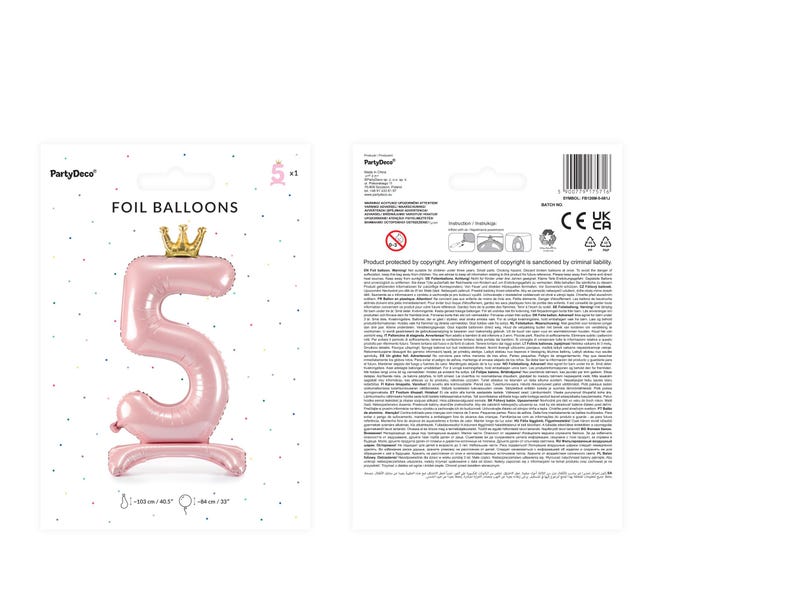 May include: Pink foil balloon shaped like the number 5 with a gold crown on top. The balloon is 32 inches tall and 16 inches wide. Foil Balloons.