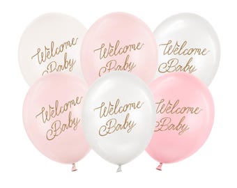 Set di 6 palloncini in lattice "Benvenuto bebè", rosa pastello, per baby shower, per bambina.