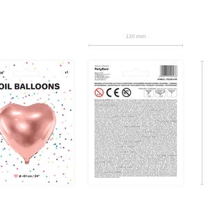 Front and back packaging of PartyDeco rose gold heart-shaped foil balloon – 24 inches (61 cm) in diameter. Package size: 120 mm wide x 155 mm tall. Ideal for Valentine’s Day, weddings, anniversaries, and romantic party decorations.