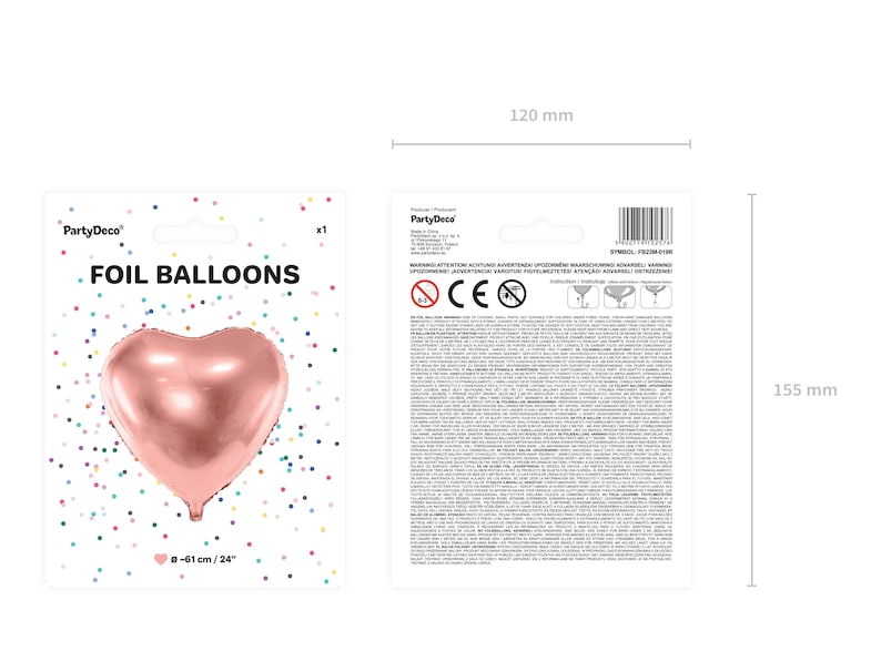 Front and back packaging of PartyDeco rose gold heart-shaped foil balloon – 24 inches (61 cm) in diameter. Package size: 120 mm wide x 155 mm tall. Ideal for Valentine’s Day, weddings, anniversaries, and romantic party decorations.